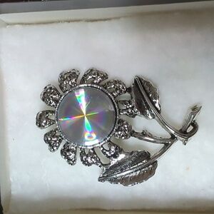 Vintage Holographic Sunflower Brooch - Rainbow Reflective Silver Tone Pin
